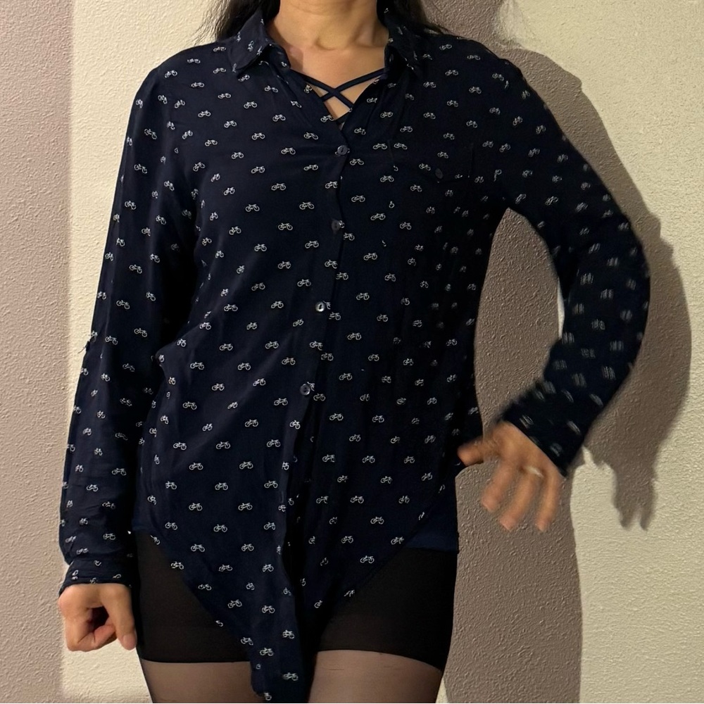 Navy Blue Button-Up Shirt with Bicycle Print